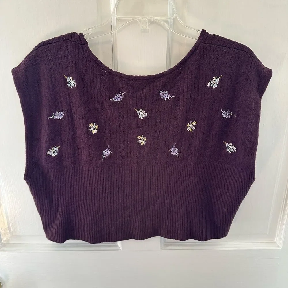 Free People Brown Embroidered Floral Sleeveless Crop Blouse/Sweater Large